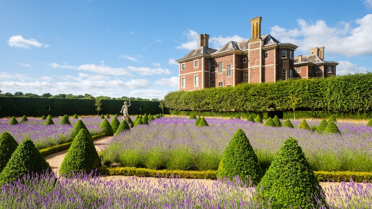 View towards Ham House across lavender and statue in the Cherry Garden